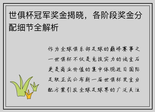 世俱杯冠军奖金揭晓，各阶段奖金分配细节全解析